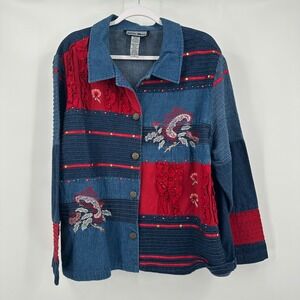 Indigo Moon Womens Denim Jacket Size 1X‎ Floral Embroidered Maximalist Patchwork